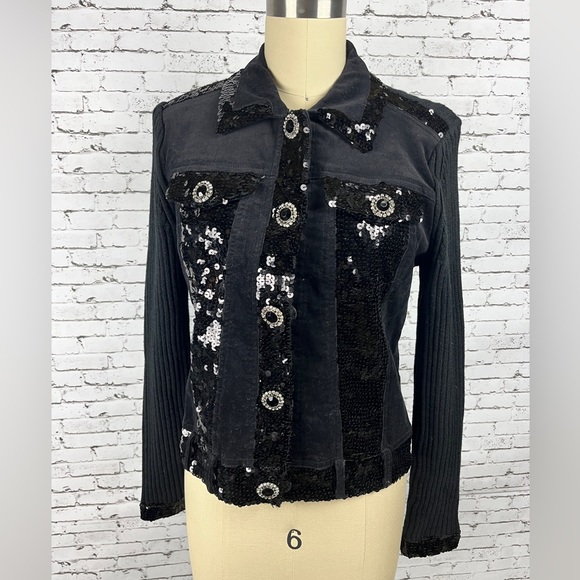 berek | black denim sequin jean jacket with knitted back petite size: MP - Picture 1 of 14